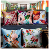 Vendola Decorative Satin 250TC Sofa Cushion Pillow Covers, Multicolor, Set of 5 Floral Cushion Covers(Blossom)