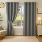 Premium Blackout Eyelet Curtains for Windows & Doors – 5 TO 9 Feet – Grey – Grommet Top, Matching Tie Back, Noise Reducing, Thermal Insulated – (Set of 1 & 2 Panels)