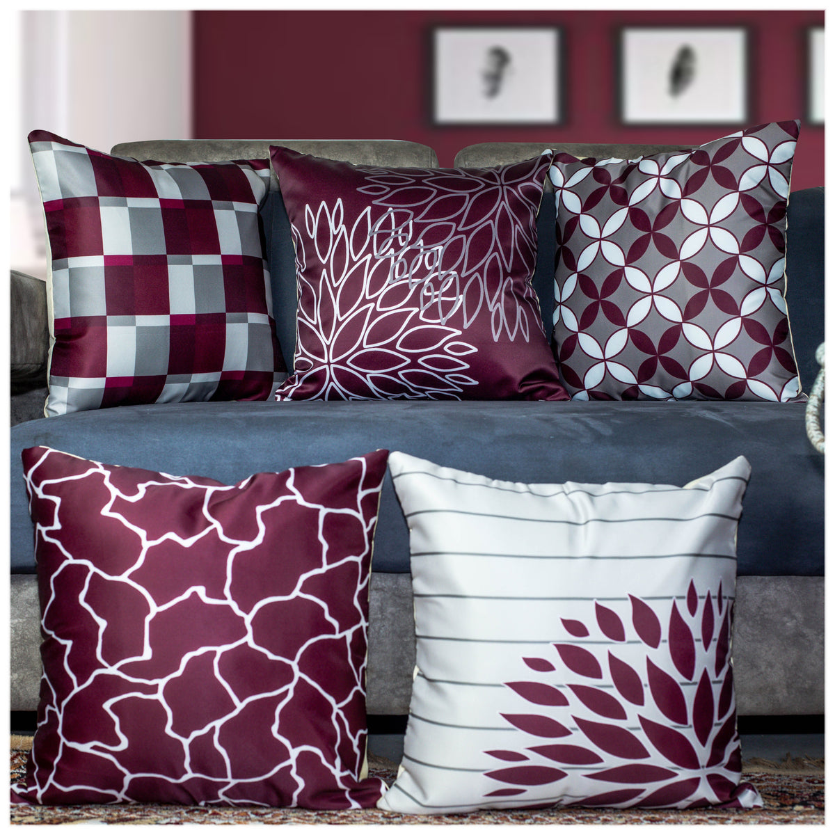 Vendola Decorative Satin 250TC Sofa Cushion Pillow Covers, Multicolor, Set of 5 Ethnic Cushion Covers