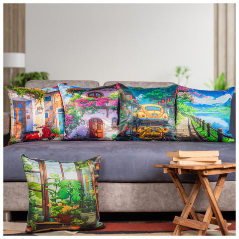 Vendola Decorative Satin 250TC Sofa Cushion Pillow Covers, Multicolor, Set of 5 Ethnic Cushion Covers