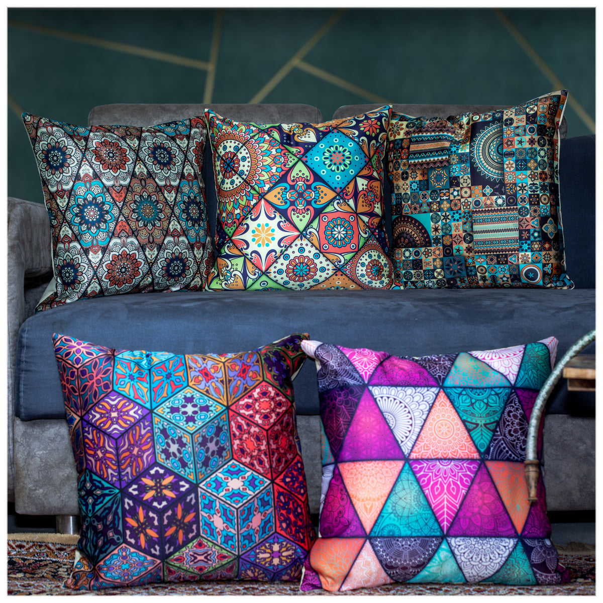 Vendola Decorative Satin 250TC Sofa Cushion Pillow Covers, Multicolor, Set of 5 Ethnic Cushion Covers