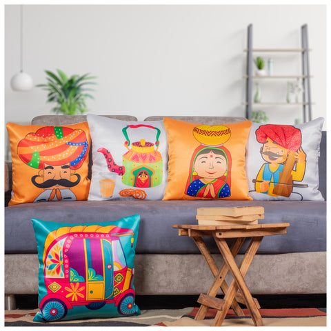 Vendola Decorative Satin 250TC Sofa Cushion Pillow Covers, Multicolor, Set of 5 Ethnic Cushion Covers