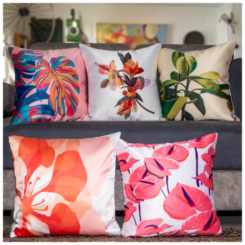 Vendola Decorative Satin 250TC Sofa Cushion Pillow Covers, Multicolor, Set of 5 Floral Cushion Covers(Mazzo)