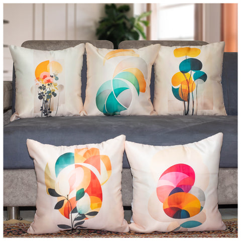 Vendola Set of 5 Modern Abstract Printed Satin Cushion Covers with Plain Microfiber Back & Zipper Closure – Vibrant Decorative Throw Pillow Covers for Sofa & Living Room