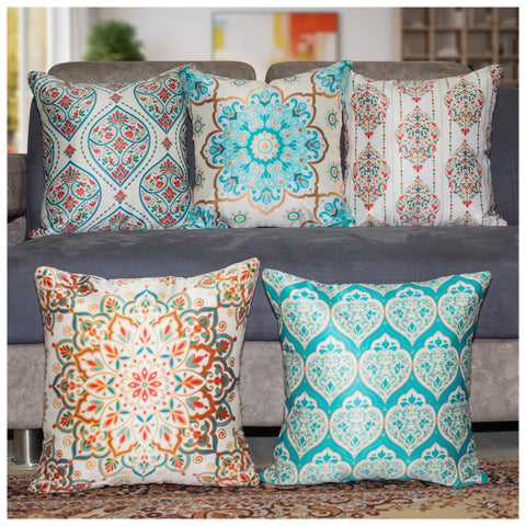 Vendola Decorative Satin 250TC Sofa Cushion Pillow Covers, Multicolor, Set of 5 Ethnic Cushion Covers