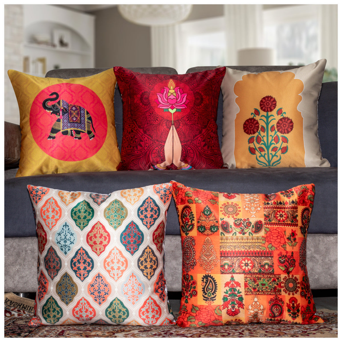 Vendola Decorative Satin 250TC Sofa Cushion Pillow Covers, Multicolor, Set of 5 Ethnic Cushion Covers