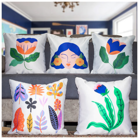 Vendola Decorative Satin 250TC Sofa Cushion Pillow Covers, Multicolor, Set of 5 Floral Cushion Covers(Flower Earrings)