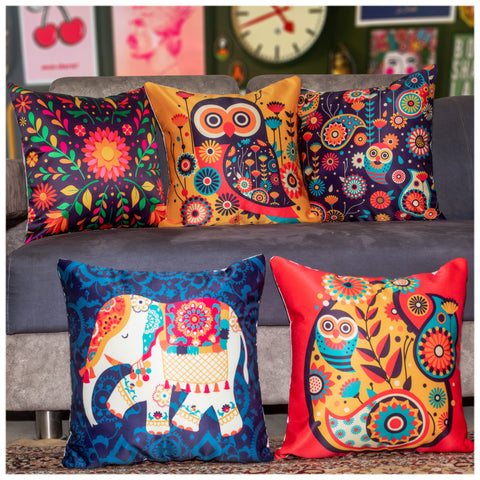 Vendola Decorative Satin 250TC Sofa Cushion Pillow Covers, Multicolor, Set of 5 Ethnic Cushion Covers