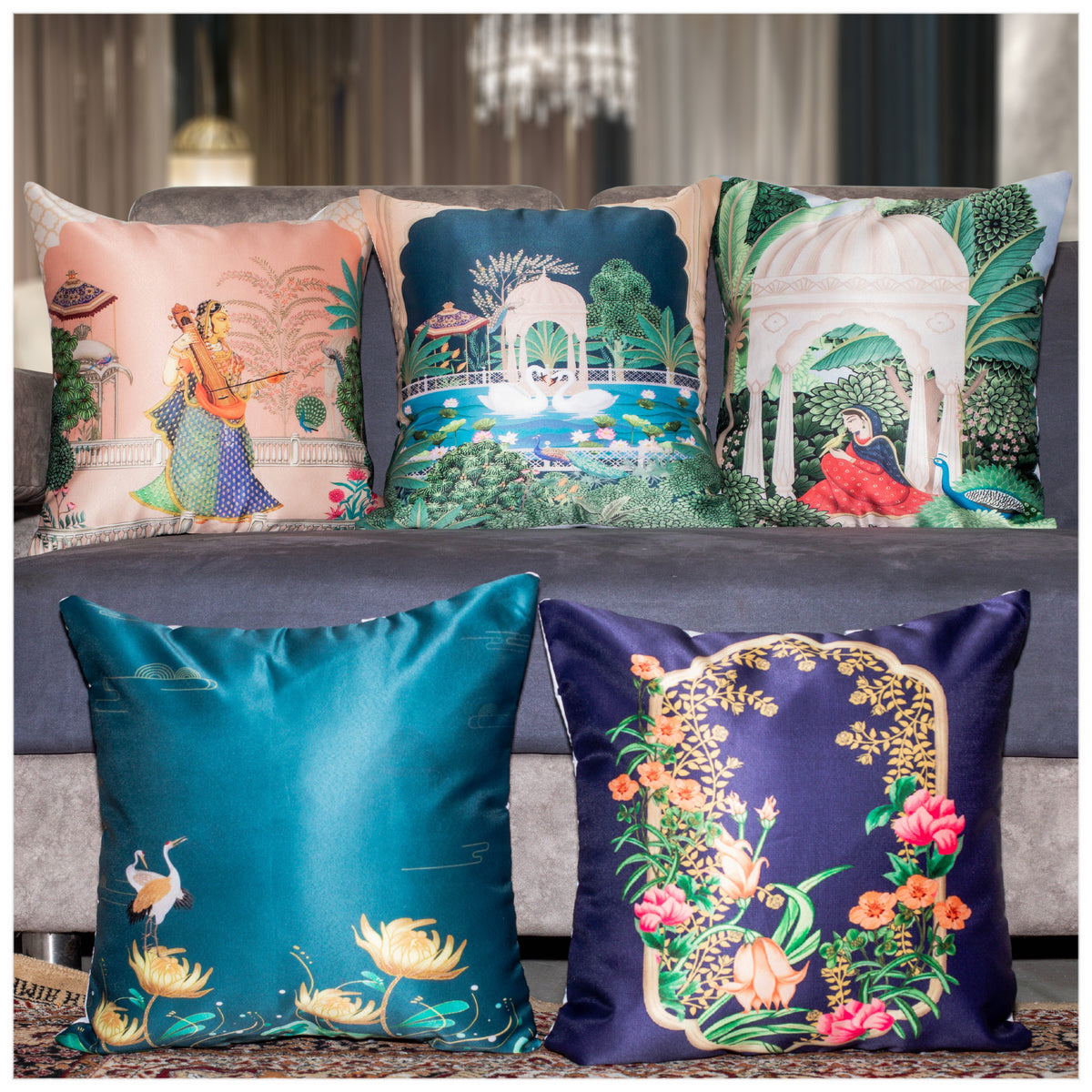Vendola Decorative Satin 250TC Sofa Cushion Pillow Covers, Multicolor, Set of 5 Ethnic Cushion Covers