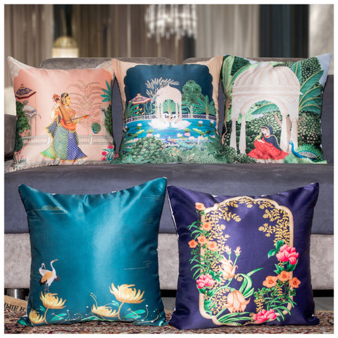 Vendola Decorative Satin 250TC Sofa Cushion Pillow Covers, Multicolor, Set of 5 Ethnic Cushion Covers