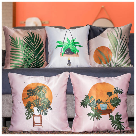 Vendola Decorative Satin 250TC Sofa Cushion Pillow Covers, Multicolor, Set of 5 Floral Cushion Covers(Wall Pot)