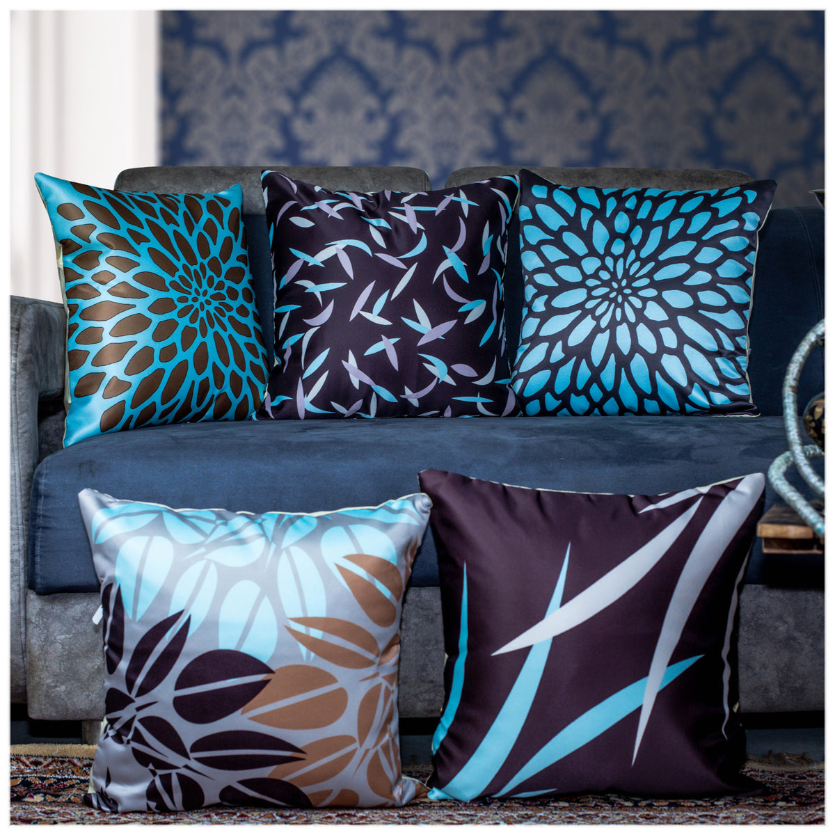 Vendola Decorative Satin 250TC Sofa Cushion Pillow Covers, Multicolor, Set of 5 Ethnic Cushion Covers