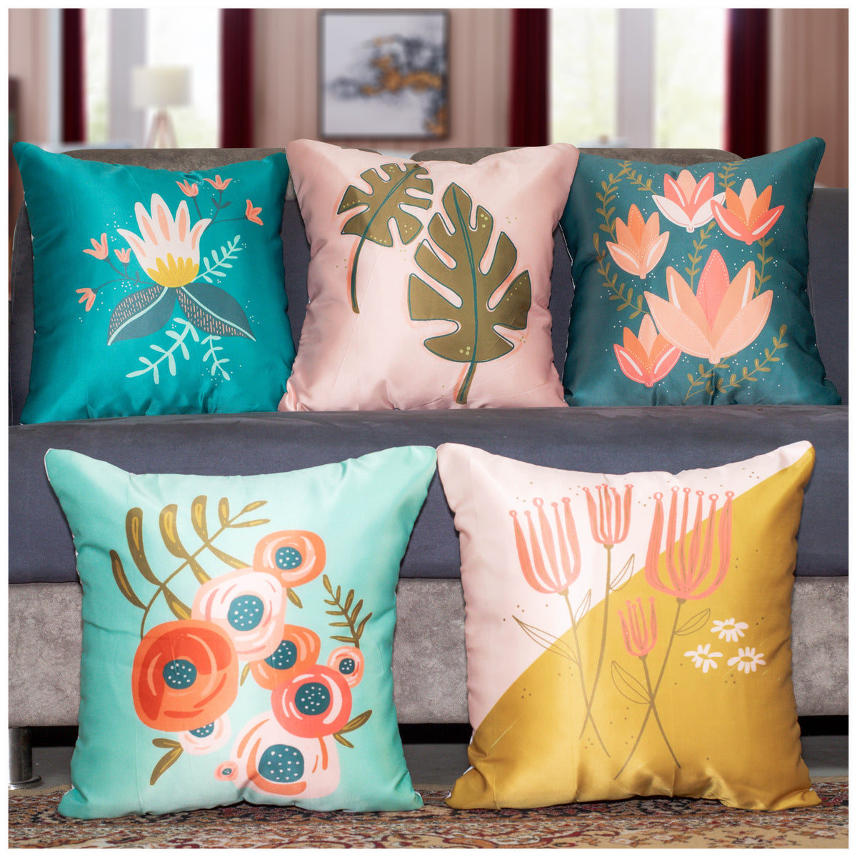 Vendola Decorative Satin 250TC Sofa Cushion Pillow Covers, Multicolor, Set of 5 Ethnic Cushion Covers