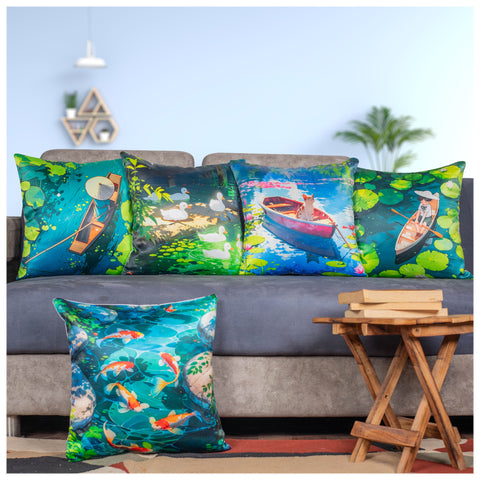 Vendola Decorative Satin 250TC Sofa Cushion Pillow Covers, Multicolor, Set of 5 Ethnic Cushion Covers