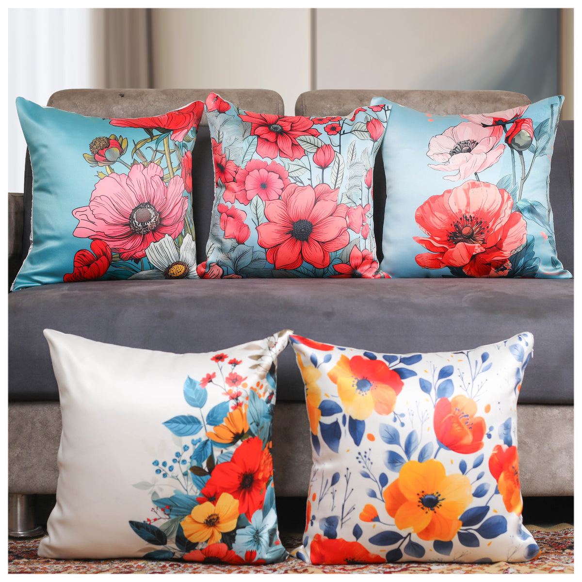 Vendola Floral Printed Satin Cushion Covers - Set of 5 | Soft & Vibrant Decorative Throw Pillow Covers for Sofa, Living Room, Bedroom