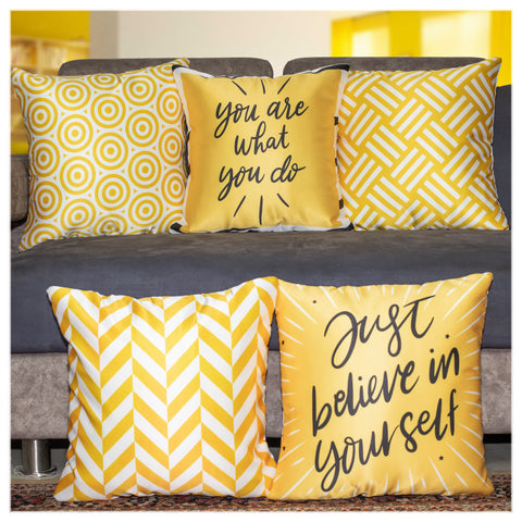 Vendola Set of 5 Printed Satin Cushion Covers | Inspirational & Geometric Designs | Plain Microfiber Back | Zipper Closure | Decorative Throw Pillow Covers for Sofa & Living Room