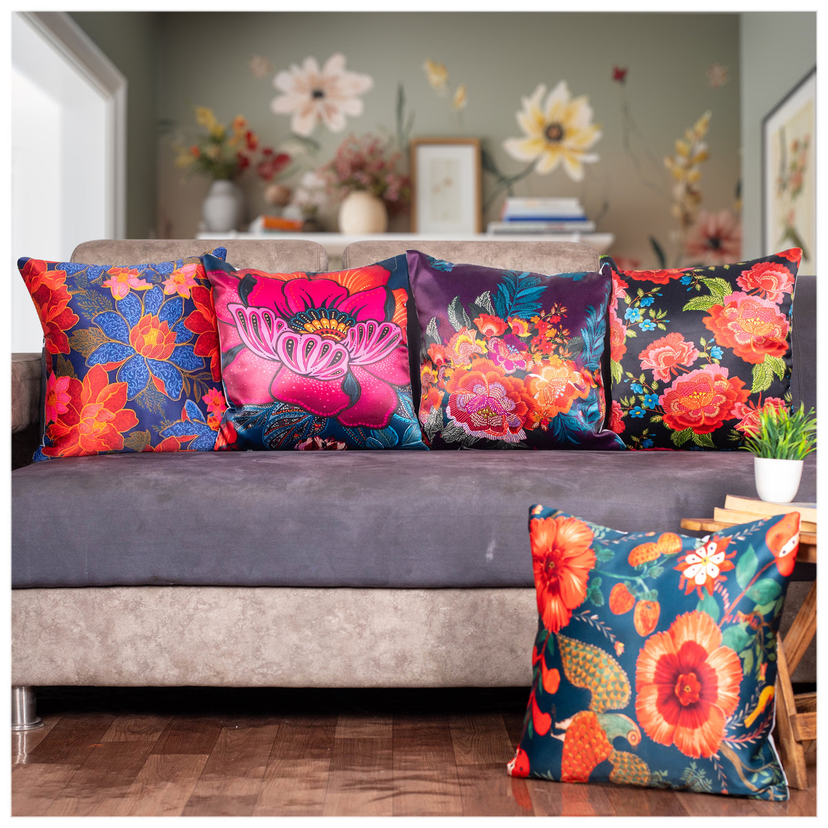 Vendola Decorative Satin 250TC Sofa Cushion Pillow Covers, Multicolor, Set of 5 Ethnic Cushion Covers