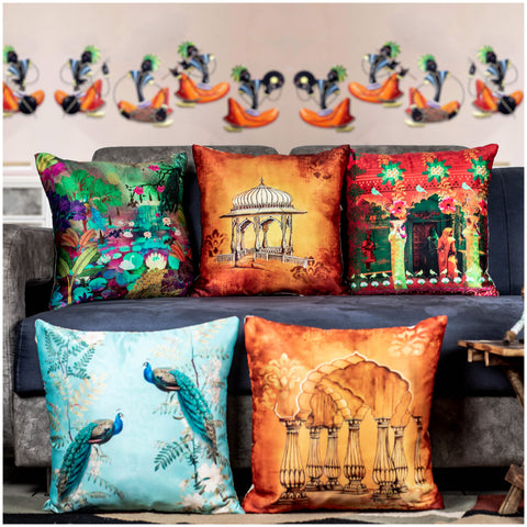Vendola Decorative Satin 250TC Sofa Cushion Pillow Covers, Multicolor, Set of 5 Ethnic Cushion Covers