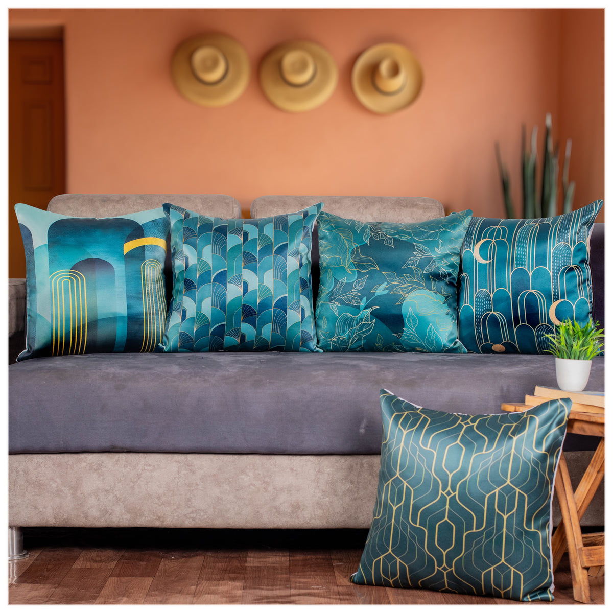 Vendola Decorative Satin 250TC Sofa Cushion Pillow Covers, Multicolor, Set of 5 Ethnic Cushion Covers