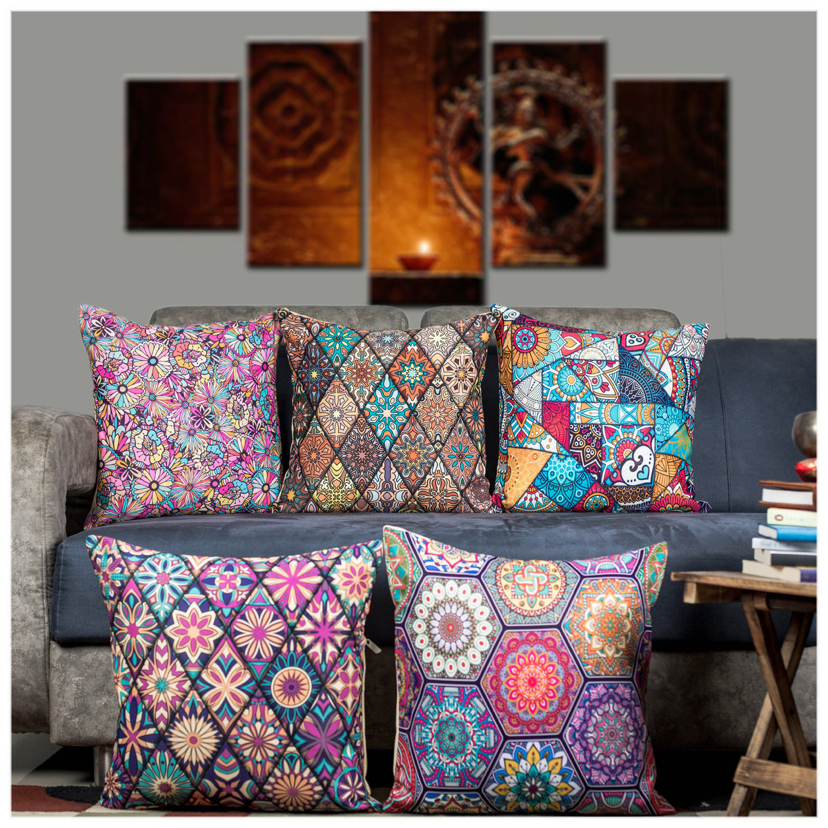 Vendola Decorative Satin 250TC Sofa Cushion Pillow Covers, Multicolor, Set of 5 Ethnic Cushion Covers