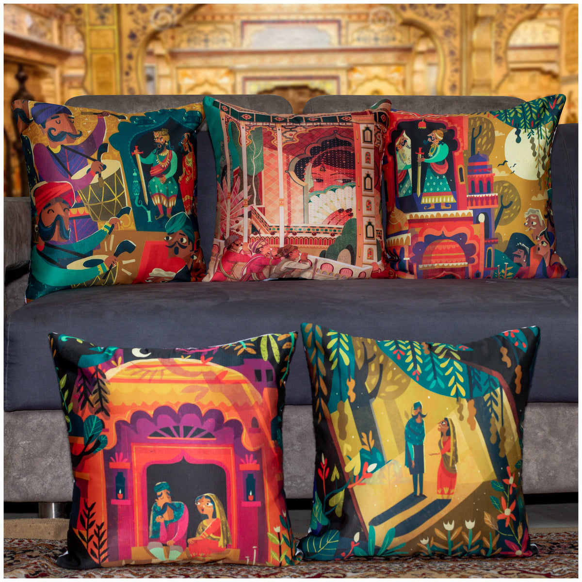 Vendola Decorative Satin 250TC Sofa Cushion Pillow Covers, Multicolor, Set of 5 Ethnic Cushion Covers
