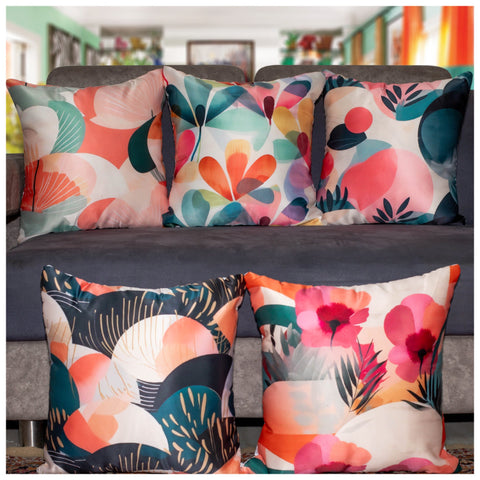 Vendola Decorative Satin 250TC Sofa Cushion Pillow Covers, Multicolor, Set of 5 Floral Cushion Covers(Foliage)
