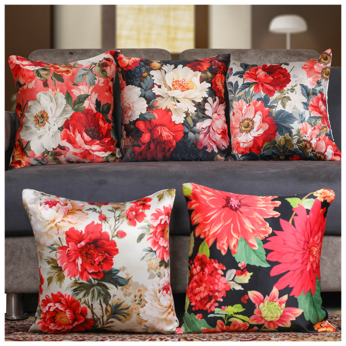 Vendola Floral Printed Satin Cushion Covers - Set of 5 | Soft & Vibrant Decorative Throw Pillow Covers for Sofa, Living Room, Bedroom