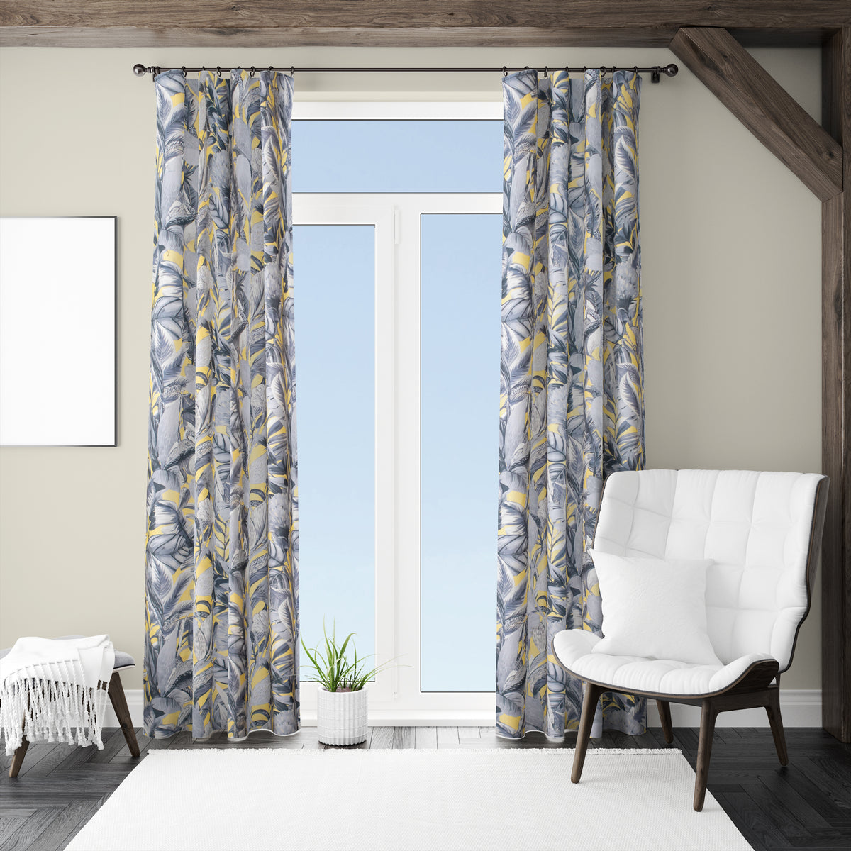 Vendola Floral Printed Matty Cotton Curtains for Windows & Doors | Stainless Steel Eyelets | Soft & Durable Fabric | Room Darkening & Privacy | Ginkgo Leaf Design | Living Room, Bedroom, Kids Room Decor Yellow Patra
