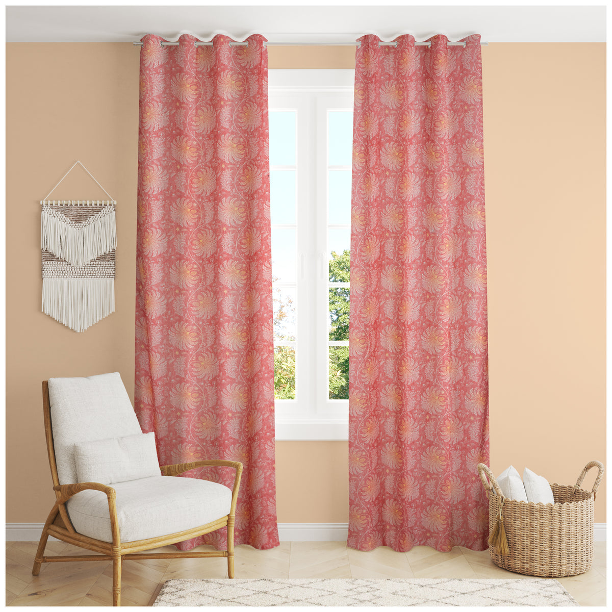 Vendola Floral Printed Matty Cotton Curtains for Windows & Doors | Stainless Steel Eyelets | Soft & Durable Fabric | Room Darkening & Privacy | Ginkgo Leaf Design | Living Room, Bedroom, Kids Room Decor Pink Vines