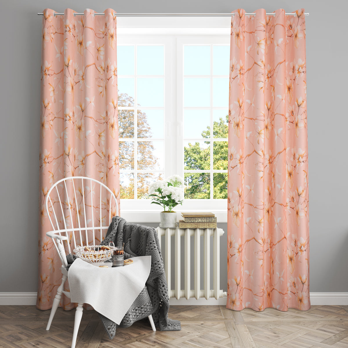 Vendola Floral Printed Matty Cotton Curtains for Windows & Doors | Stainless Steel Eyelets | Soft & Durable Fabric | Room Darkening & Privacy | Ginkgo Leaf Design | Living Room, Bedroom, Kids Room Decor Peach Twig