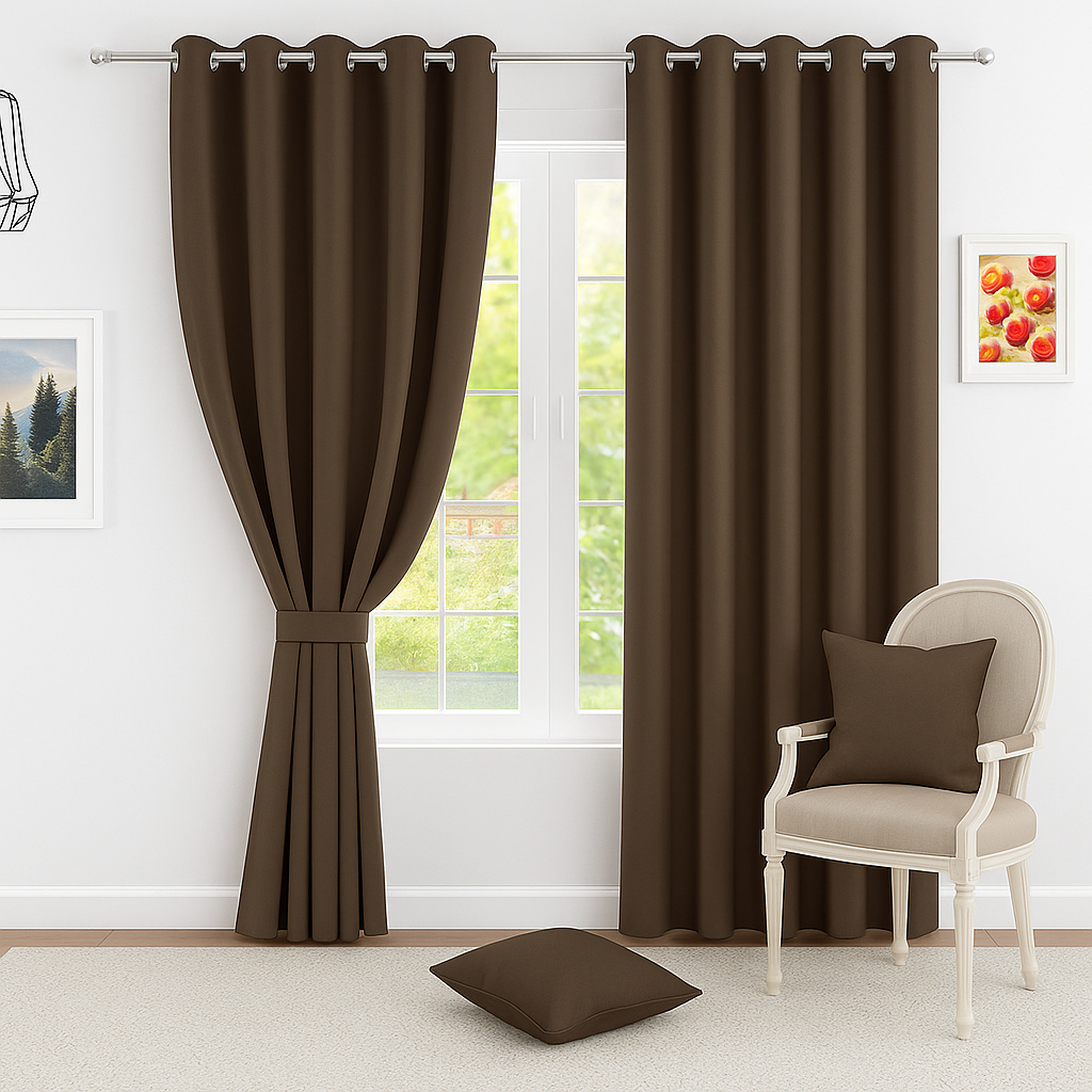 Premium Blackout Eyelet Curtains for Windows & Doors – 5 TO 9 Feet – Dark Brown – Grommet Top, Matching Tie Back, Noise Reducing, Thermal Insulated – (Set of 1 & 2 Panels)