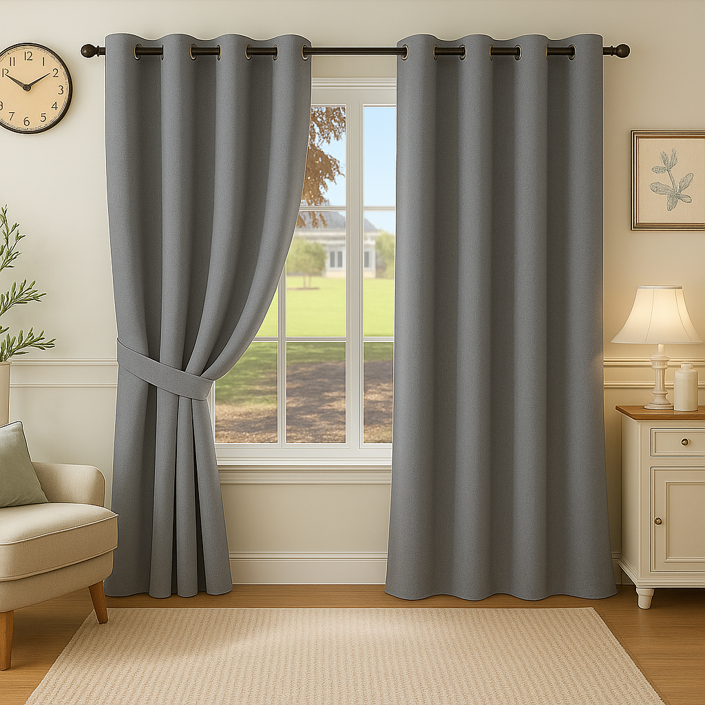 Premium Blackout Eyelet Curtains for Windows & Doors – 5 TO 9 Feet – Grey – Grommet Top, Matching Tie Back, Noise Reducing, Thermal Insulated – (Set of 1 & 2 Panels)