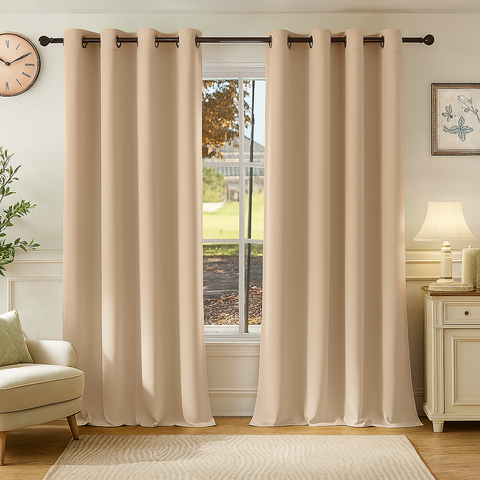 Premium Blackout Eyelet Curtains for Windows & Doors – 5 TO 9 Feet – Beige – Grommet Top, Matching Tie Back, Noise Reducing, Thermal Insulated – (Set of 1 & 2 Panels)