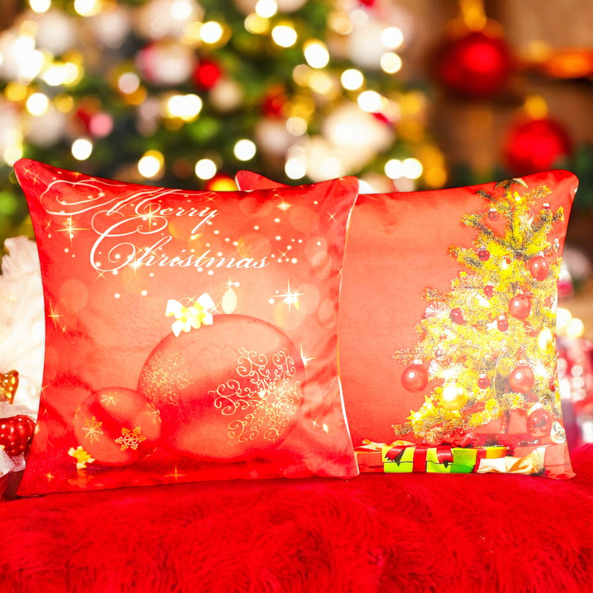 Vendola Premium Velvet Christmas Cushion Covers | Set of 2 | Santa & Ornaments Print | Soft Velvet Fabric | Zipper Closure | Decorative Sofa Pillow Covers for Home Decor, Living Room & Gifting