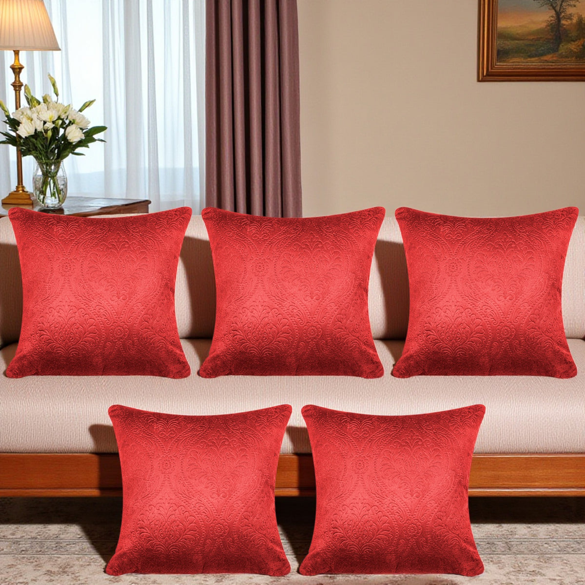 Premium Embossed Velvet Cushion Covers– Soft Decorative Throw Pillow Covers for Sofa, Bed & Living Room (Red)