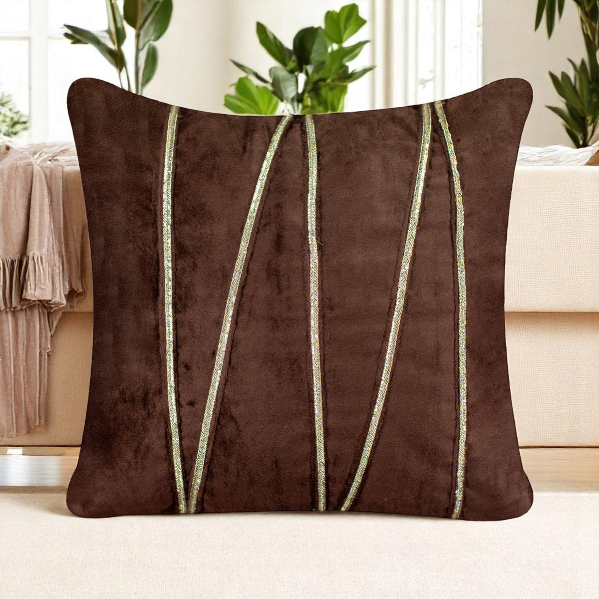 Vendola Premium Velvet Cushion Covers with Elegant Golden Lace Detailing