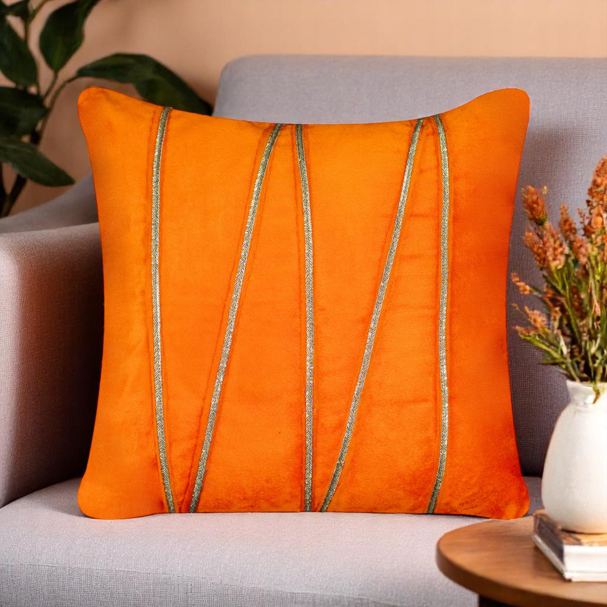 Vendola Premium Velvet Cushion Covers with Elegant Golden Lace Detailing