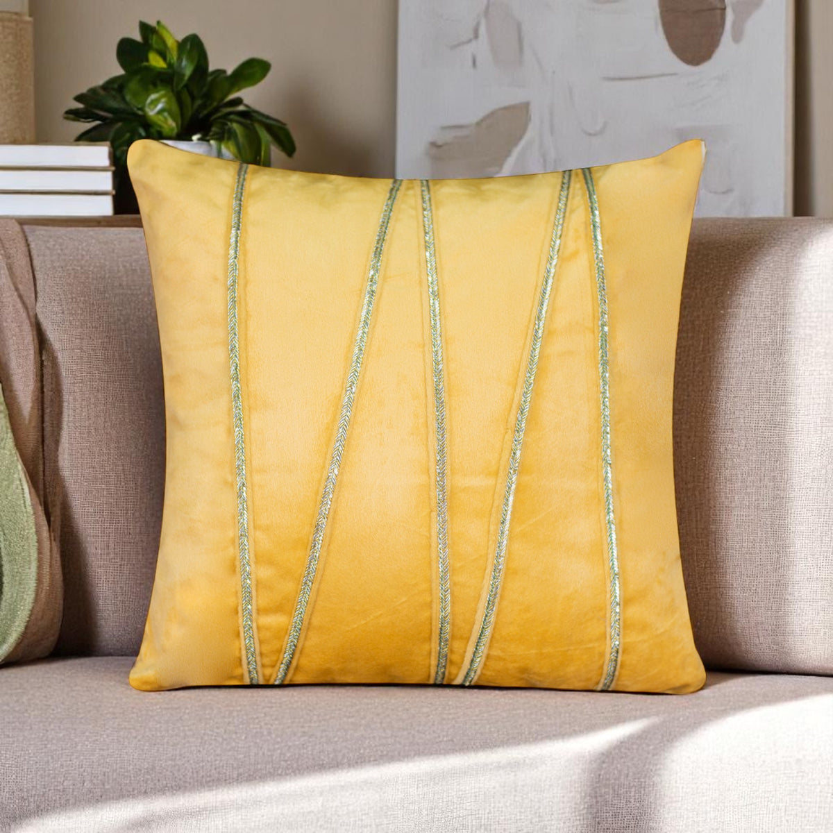 Vendola Premium Velvet Cushion Covers with Elegant Golden Lace Detailing