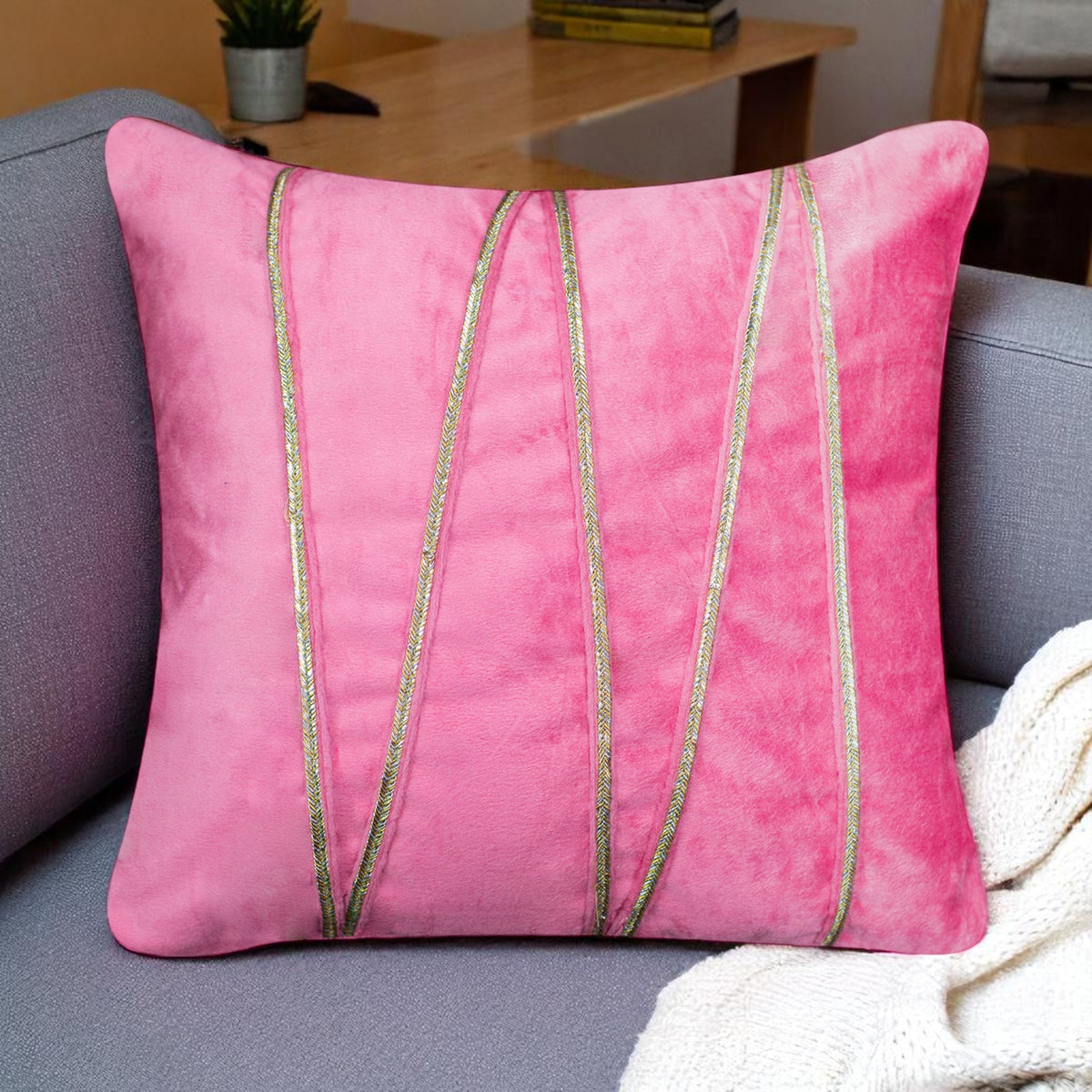 Vendola Premium Velvet Cushion Covers with Elegant Golden Lace Detailing