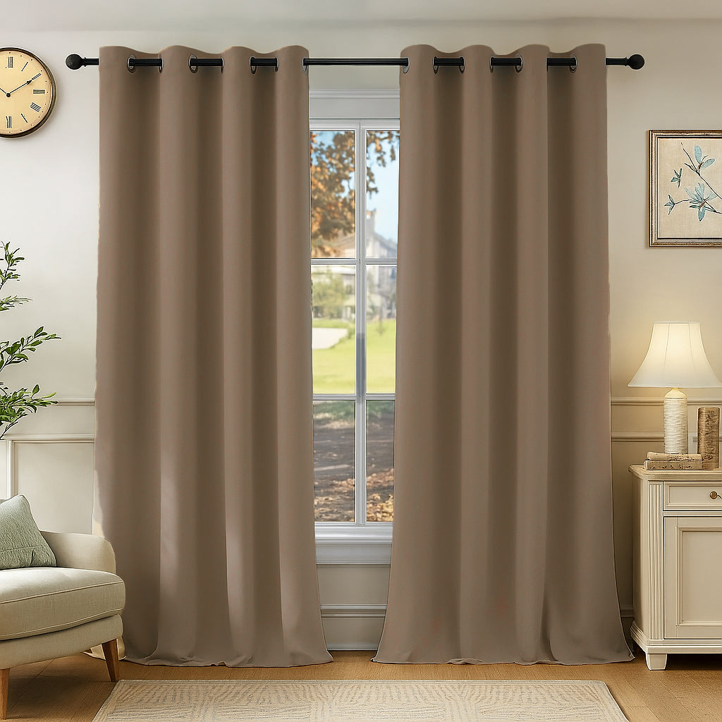 Premium Blackout Eyelet Curtains for Windows & Doors – 5 TO 9 Feet – Brown – Grommet Top, Matching Tie Back, Noise Reducing, Thermal Insulated – (Set of 1 & 2 Panels)