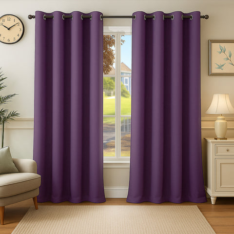 Premium Blackout Eyelet Curtains for Windows & Doors – 5 TO 9 Feet – Plum – Grommet Top, Matching Tie Back, Noise Reducing, Thermal Insulated – (Set of 1 & 2 Panels)