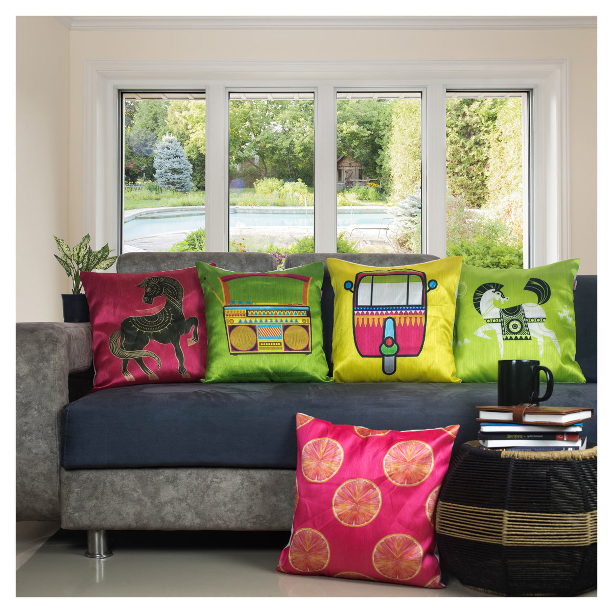 Vendola Satin 250TC Decorative Cushion Pillow Covers, Multicolor, Set of 5 Cushion Covers(Radio)